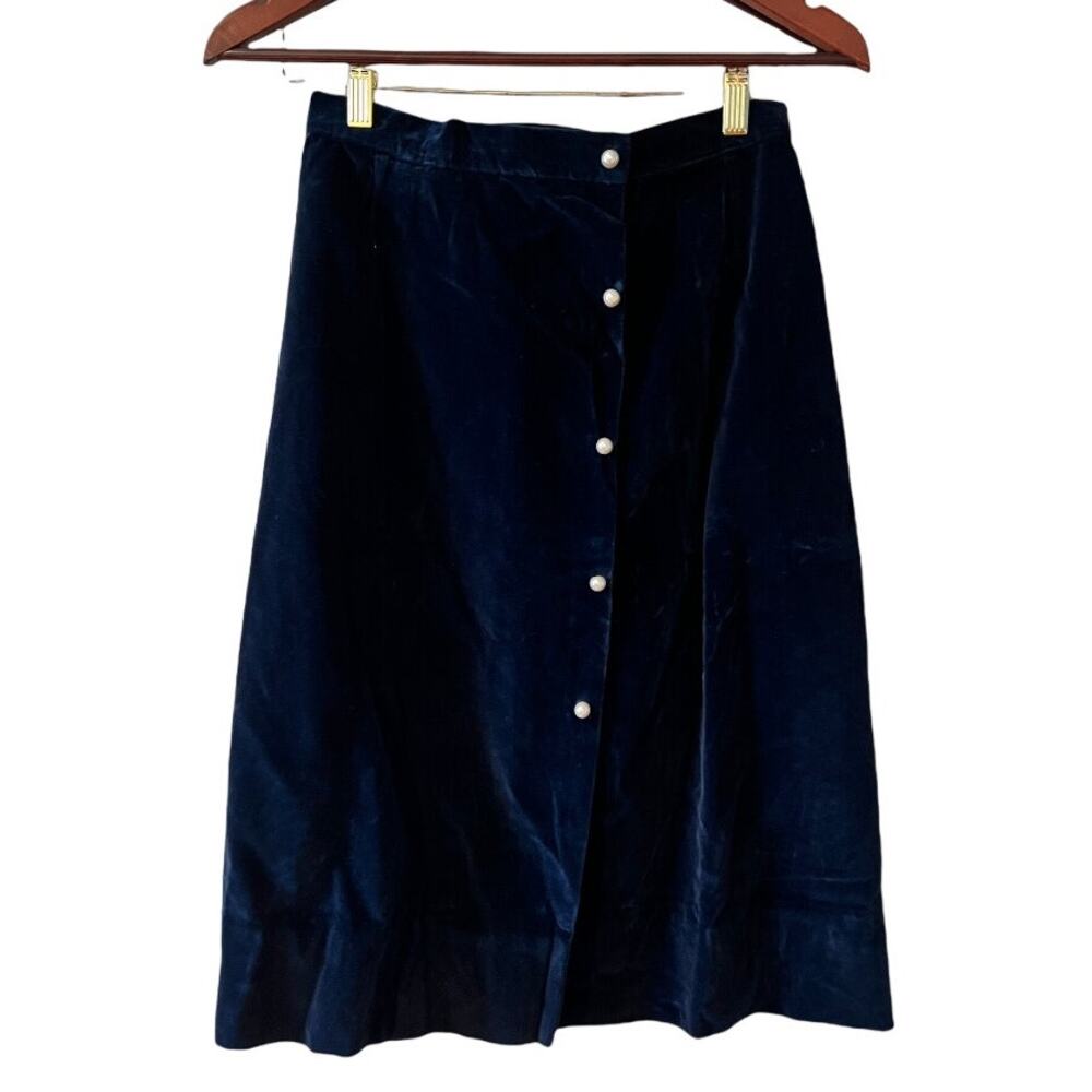 Vintage Velvet Pearl Front Button A Line Skirt Dark Blue